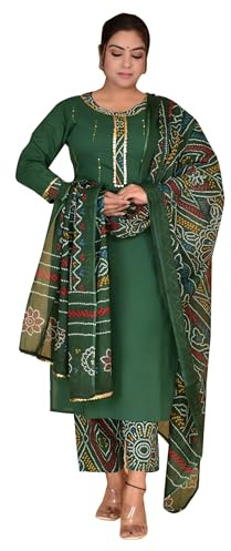 IMTRA FASHION Ensemble Pantalon Kurta pour Femme, Costume Indien en Pur Coton avec Dupatta (Vert-Grand)
