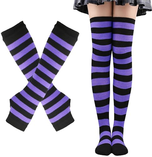 LUKIUP Calze al ginocchio vestito bianco-rosso, alta elasticità a righe guanti senza dita caldi al ginocchio set di calzini alti, viola/nero, Taglia unica