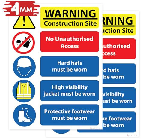 RDLCAR Site Safety Sign 4mm Rigid Pack of 2 Construction and Building Safety Sign 300mm x 400mm Multi Hazard Protective Safety Signs with High Visibility Colors