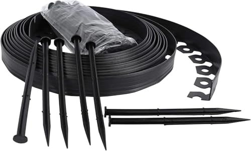 Flexible Garden Border Edging 10m-50m with Plastic Pegs – Lawn, Path & Flower Bed Divider, 32ft Black, 4cm High, Heavy-Duty Ground Stakes, Durable All-Weather Reinforced Landscape Edge