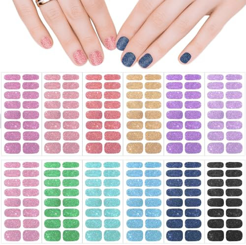 YUXIANLB 12 Sheets Multicolor Glitter Nail Wraps, Nail Polish Strips, Waterproof, Self Adhesive Nail Stickers for Nail Art, Shine Full Wrap Nail Polish Decals
