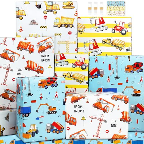 Carta Regalo Compleanno Ragazzi Bambini, Escavatori Bulldozer Miscelatori Veicoli con Cassone Ribaltabile Motivo Stradale Blu Carte Regalo Costruzione Carta da Pacchi per Incartare Regali