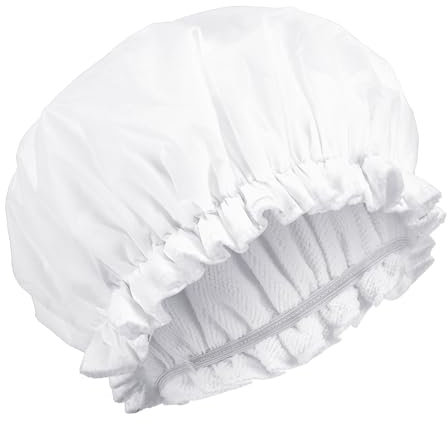 Bonnet de douche réutilisable doublé en éponge pour femme - Double couche - Grand bonnet de douche doublé en tissu éponge imperméable pour cheveux longs et épais (blanc)