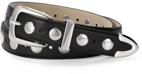 JasGood Damen Ledergürtel mit Silberschnalle,Vintage Punk Rock Gürtel, Mode Nietengürtel für Jeans und Alltag