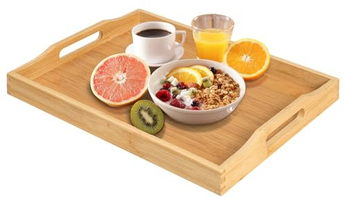 Bamboo Serving Tray with Handles, Breakfast Wooden Tray for Food,Snack,Dinner, Home Decorative Storage, Platter, Ottoman,Kitchen Counter, Bathroom, Restaurant (Beige)