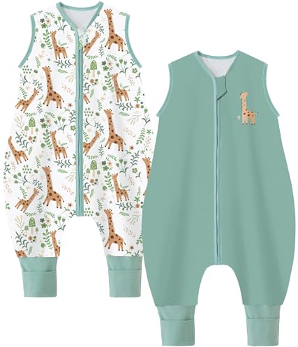 Chilsuessy Babysovsäck med ben, 1,5 tog sovsäck 2-pack 100 % bomull året runt sovsäck med fötter babysovsäck sovsäck barn, 1,5 tog/grön giraff, 90 cm/baby höjd 95–105 cm