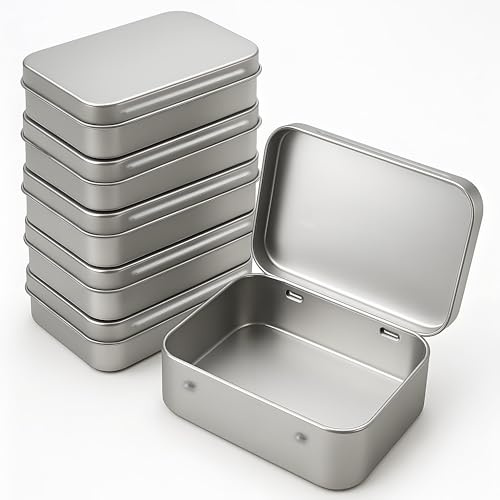 Forever bene Small Metal Tin Box with Hinged Lid, 3.7 x 2.4 x 0.9 in, Empty Tin Containers for DIY Organisation, EDC Storage, Office and Home Use (Silver, 6 Pcs)