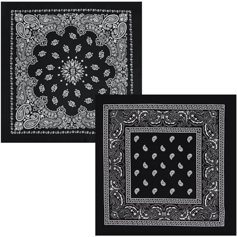 AuraFusion Bandana – set med 2 svarta paisley-bandanas 22 x 22 tum bomull för män och kvinnor, mångsidig som pannband, bandana eller ansiktsmask