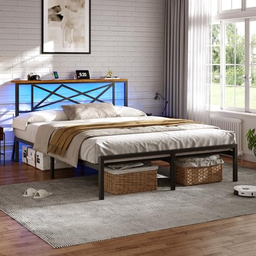 DICTAC King Size Bed Frame with Charging Station, 150x200cm Metal King Size Bed Underbed Storage &RGB LED Lights, Silent Sturdy King Bedframe, No Box Spring Needed, Easy Assembly