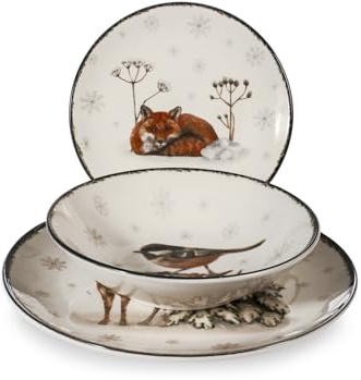 H&H Service de vaisselle de Noël 18 pièces Wild Spirits in Stoneware décoré – Avec illustrations d'animaux dans la neige – 6 étages, 6 fonds, 6 fruits – Lavable au lave-vaisselle et passe au