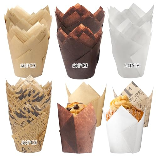 Woobroo Caissette Muffins Papier Tulipe 200 PCS, Caissettes Cupcake Taille standard, Naturel & Non Blanchi, Moule Muffins Papier pour Cuisson Mariage, Anniversaire, Fête, (4×50PCS)