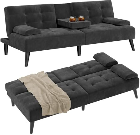 Shintenchi Futon Sofa Bed, Velvet Foldable Couch Reclining Sleeper w/Removable Armrests, Upholstered Loveseat w/Folding Cup Holders for Home, Office, Black
