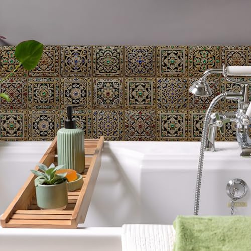 Stickers carrelage exquis, motif pierres précieuses dorées et vertes, à coller sur les carreaux pour salle de bain, cuisine et décoration intérieure. PVC imperméable et résistant à l'huile, facile à d
