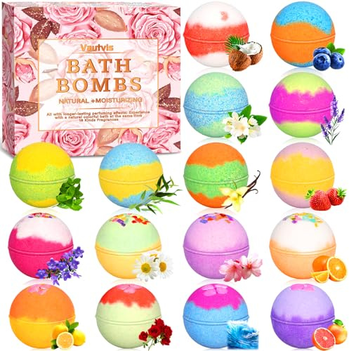 Vautvis Bombe da Bagno, Set Bombe da Bagno Vasca 16 Pezzi, Palline da Bagno Donna con Olio Essenziale Naturali, Natale Regali Donna, Mamma, Amica