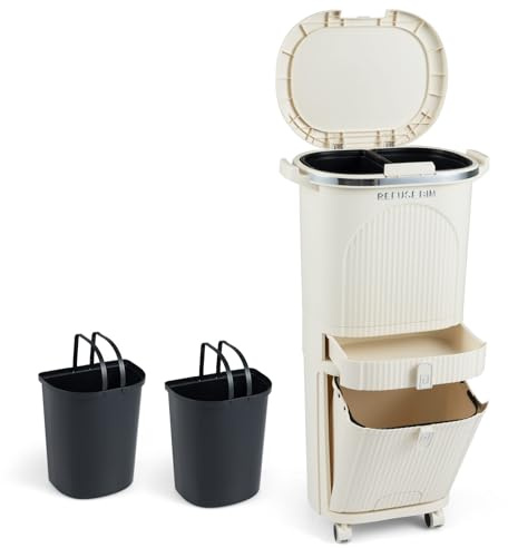 COSTWAY Soptunna kök, avfallssepareringssystem 3 fack, 2 x 12 l innerhink & 14 l pedalbehållare, soptunna med rullar, låda, lock, pedal och krok, pedalhink avfallssamlare för kök, badrum (beige)