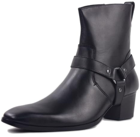 Herr Stövlar Chelsea Högklackade Boots för Män Mode Känga Vandring Ankel Dragkedja Äkta Läder Svart Brun OZ-JY002-black-belt-9