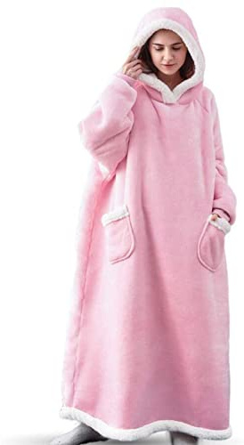 IvyH Manta con Capucha, Manta Larga para Usar con Bolsillos Franela Mullida Sherpa Manta de TV Sudadera Bata de Invierno Talla única para Hombres Mujeres y Adultos