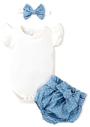 AMAWMW Newborn Baby Girl Summer Outfit Ribbed Sleeveless Romper Polka Dots Denim Bloomers Shorts 0-3 Months Baby Girl Clothes