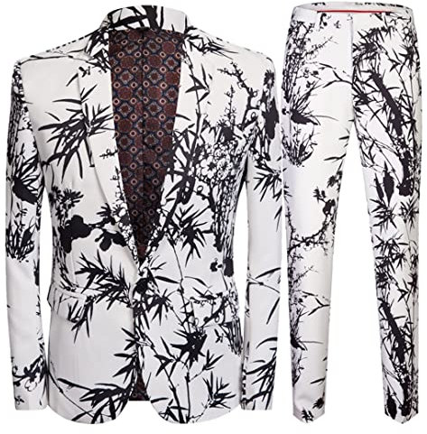 Men Floral Print 2 Pieces Set Suits Club Bar Evening Party Stage Singer Slim Fit Jacket And Pants Beige Chinese Size 4xl
