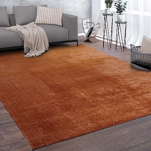 Paco Home Teppich Wohnzimmer Kurzflor Weich rutschfest Modern Einfarbiges Muster Orange, Grösse:140x200 cm