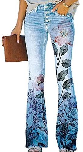 Sawmew Boyfriend Jeans Damen High Waist Blumen Druck Schlaghose Schlagjeans Bleistifthose Vintage 90er Streetwear Denim Hose Lang Trousers Denimhosen Freizeithose Lang Trousers Hose