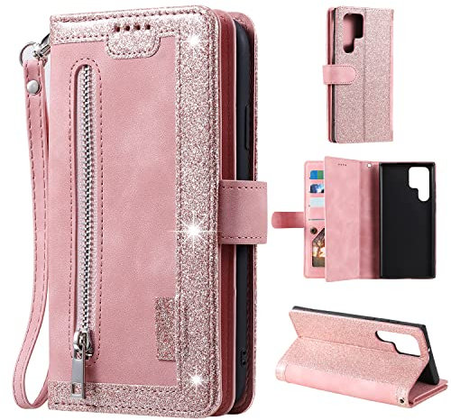 EYZUTAK Handyhülle für Samsung Galaxy S23 Ultra,Flip Case Lederhülle Reißverschluss Magnetverschluss Brieftasche mit 9 Kartenfächern Standfuntion Retro Matt Ledertasche-Roségold