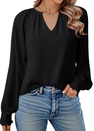 Dokotoo Women's Blouses Shirts Smocked Puff V Neck Womens Long Sleeve Tops Oversized Ladies T-Shirts Chiffon Blouse Casual Women Tunic Top Black 2XL UK 20 22