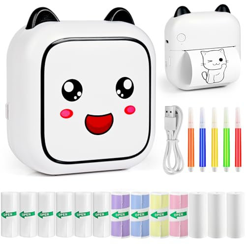 Ambesty Mini Drucker, Mobiler Fotodrucker, Tragbarer Mini Fotodrucker, Wireless Fotodrucker Thermodrucker, mit 13 Rollen Druckerpapie und 5 Buntstifte, Smartphone Bluetooth Drucker, für Lernhilfe