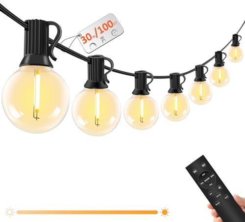 Lichterkette Außen mit Fernbedienung - 30M /100FT LED Lichterkette Dimmbar 40+2 G40 Glühbirnen, 4 Modus und Timmer Funktion, Wasserdicht für Outdoor Garten Balkon Terrasse Party Camping Hochzeit