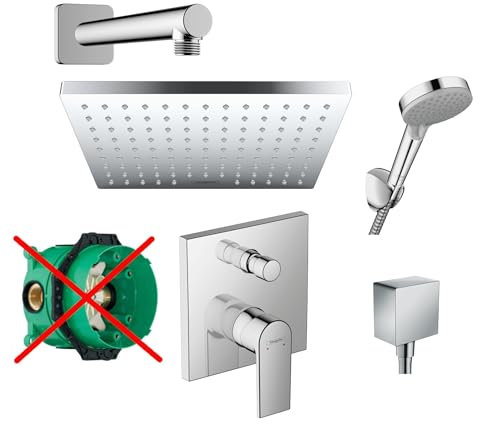 Hansgrohe Duschsystem mit Unterputz Duscharmatur von Hansgrohe Regendusche mit Armatur, Duschkopf eckig, Wandarm Dusch-SET HGK01-ob poliert