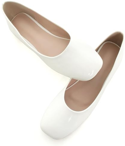 WENJIAZHIZHI Square Toe Ballet Flats for Women Soft Daily Walking Slip-ons Patent Leather Comfortable Memory Foam Loafers White Size 8
