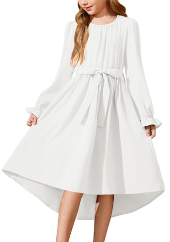 Arshiner Vestido de Gasa para Niña Vestido Festivo de Manga Larga Vestido de Fiesta Vestido de Comunión Infantil Vestido de Baile Vestido de Boda Vestido de Niña de Flores Color Blanco 9-10 Años