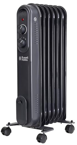 Russell Hobbs 1500W/1.5KW Oil Filled Radiator, 7 Fin Portable Electric Heater - Anthracite, Adjustable Thermostat, 3 Heat Settings, Overheat Protection, 15m sq Room Size, 2 Year Guarantee RHOFR7004A