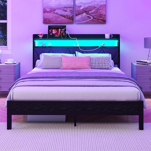 VERFARM 5ft King Size Bed Frame with LED Lights Storage Upholstered Headboard and Charging Station, Solid Metal Platform Bed King, No Box Spring Needed, Noise Free