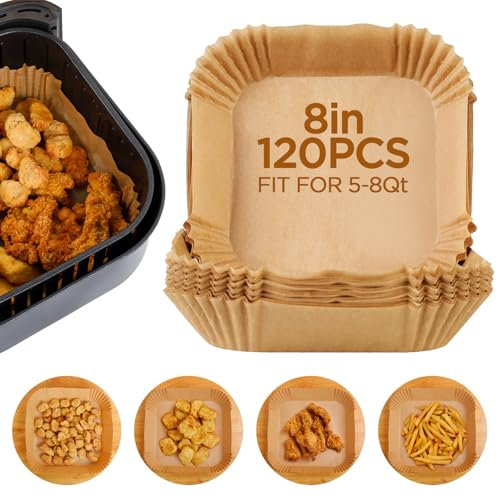 Romon Backpapier für Heißluftfritteuse, 120 Stück Airfryer Backpapier 20X20Cm HeißLuftfritteuse Backpapier Rechteckig Air Fryer Baking Paper Wasserdicht Ölfest Pergamentpapier für Ofen Mikrowelle