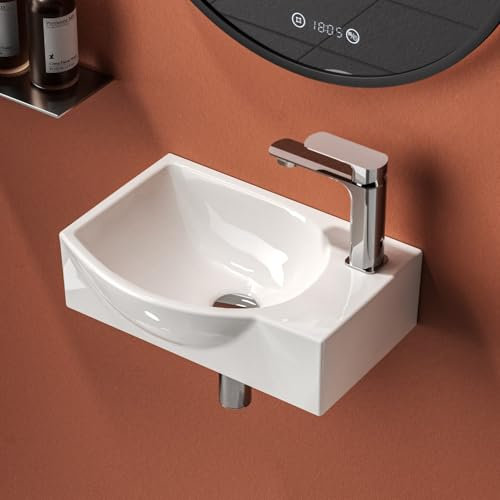 EMKE Wall Mounted Cloakroom Basin Small Corner Sink Half Circle Washbasin Ceramic Bathroom Vessel Sink White 30 x 25 x 12 cm (LxWxH)