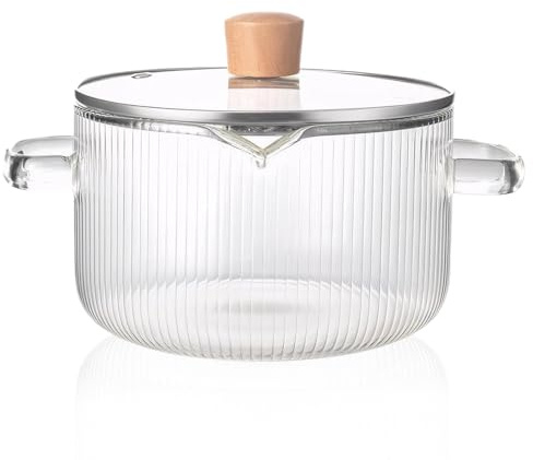 Heat-Resistant Glass Cooking Pot with Double-Handle, 61oz Striped Thick-Bottom Cookware for Food Wine