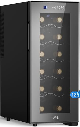 WIE Weinkühlschrank 1 Zonen 33 Liter 12 Flaschen Getränkekühlschrank Weinschrank Klein Wein-Kühlschrank Mini mit Glastür Vollglas-Designtür mit LED Touchpanel Anti-UV Wine Fridge
