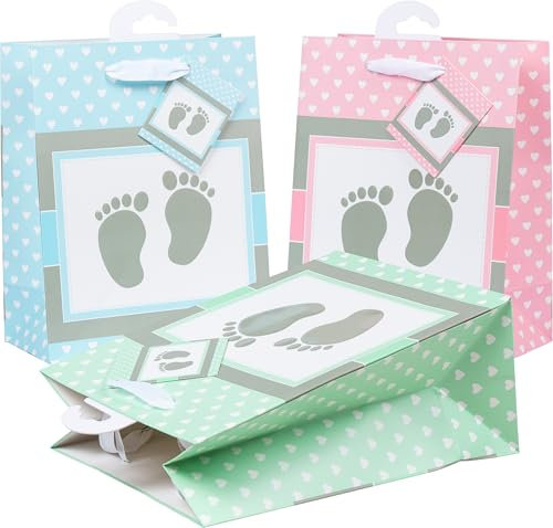 HEKU Premium Geschenktaschen Baby in pastell, 3 Stück I 23x18x10 cm I Edle Prägung & UV-Lack-Veredelung I Vielseitig einsetzbar I Umweltfreundlich & Wiederverwendbar
