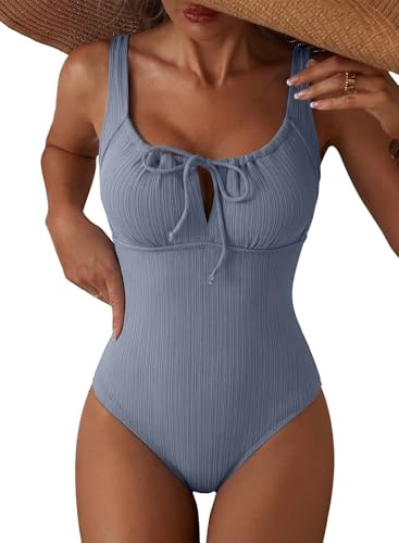Aleumdr Womens Textured One Piece Bathing Suits Tummy Control Swimsuits Padded Push Up Bathing Suits Full Coverage Swimwear Beau Blue Large