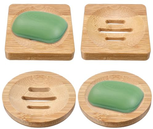 Guduling 4 jaboneras con desagüe de bambú, soporte para jabón de madera, redondo y cuadrado, jabonera de bambú, bandeja antideslizante de madera para baño, ducha, cocina (color natural)