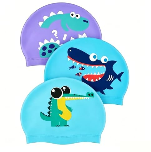 MIGIFTDY 3 Pcs Kids Swimming Cap, Comfortable Anti-Slip Children Swimming Hat, Stretchy Waterproof Swim Cap for Toddler Boys Girls Age 4-12, Swim Hats for Swim Lessons Water Play