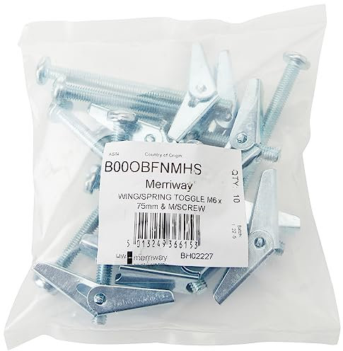 Merriway BH02227 (10 Pcs) Wing Spring Toggle with Machine Screw for Hollow Wall Plasterboard, M6 x 75 mm (3 Inch x 1/4 Inch) - Pack of 10 Pieces