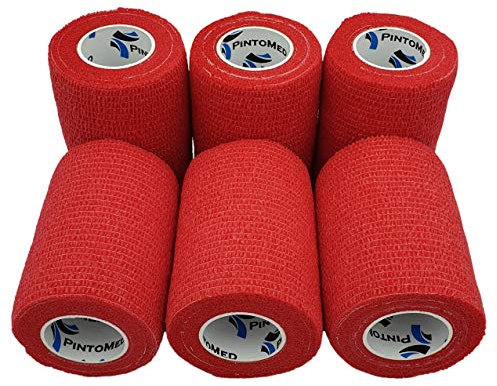 PintoMed BENDAGGIO COESIVO - ROSSO garza elastica, 6 rotoli x 7.5 cm x 4.5 m autoadesiva flessibile bende, qualità professionale, primo soccorso - Sports Wrap Cohesive Bandage