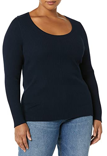 Amazon Essentials Pull à manches longues et encolure ronde en maille fine extensible (grandes tailles disponibles) Femme, Bleu Marine, XL Grande taille