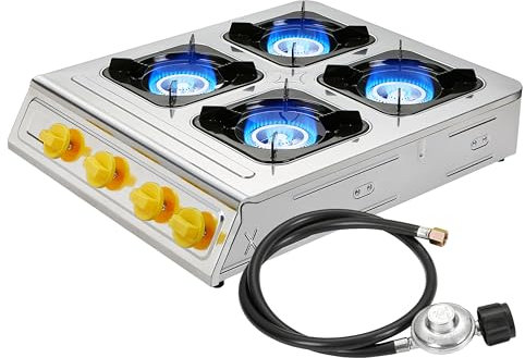 Vivicreate 4-Burner Propane Stove, 40,000 BTU Stainless Steel Portable Tabletop Cooktop with Electronic Ignition, Regulator and Hose for Camping and Outdoor Cooking