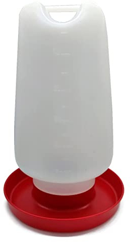 Tradineur - Bebedero de plástico para Aves, gallinas, Recipiente con asa para Agua de Animales, Fabricado en España (Blanco y Rojo, 6 litros, 34,5 x 22 cm)