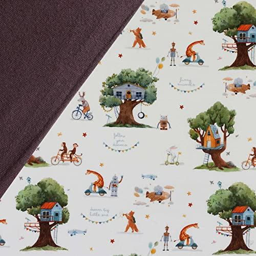 Stoffpaket 0,5 x 1,5 m Motiv-Jersey und 0,5 x 0,7 m Bündchen uni Nähpaket f. Kinderkleidung, Motiv:Baumhaus | rehbraun