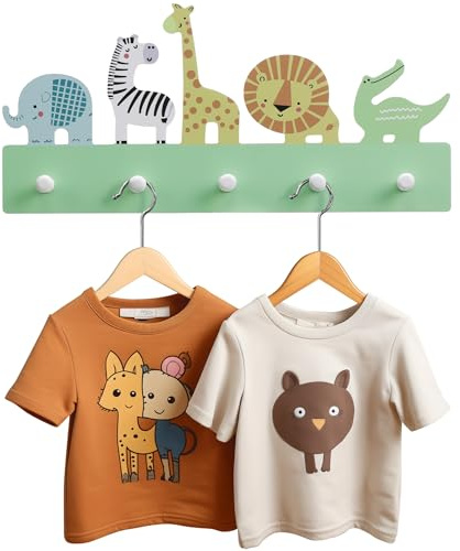 Navaris Kids Coat Hooks Rack - Wooden Hanger Rail with 5 Pegs - Wall Mounted Children's Coat Rack with 5 Hooks - Cute Animals Design