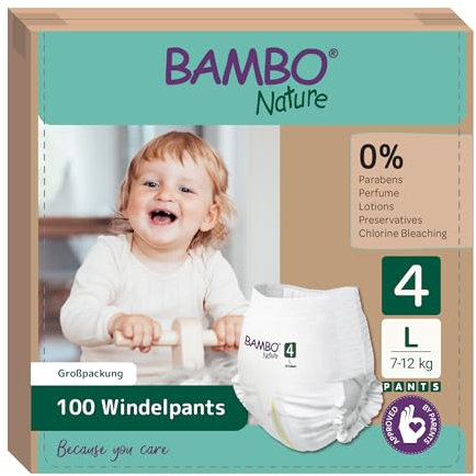 Bambo Nature Windeln Pants Größe 4 (7-12kg) - 100 St. Monatsbox | Windelhöschen mit verbesserter Auslaufsicherheit | Ultimativer Komfort & Freiheit für Aktive Kinder | Dermatologisch getestete Nappies